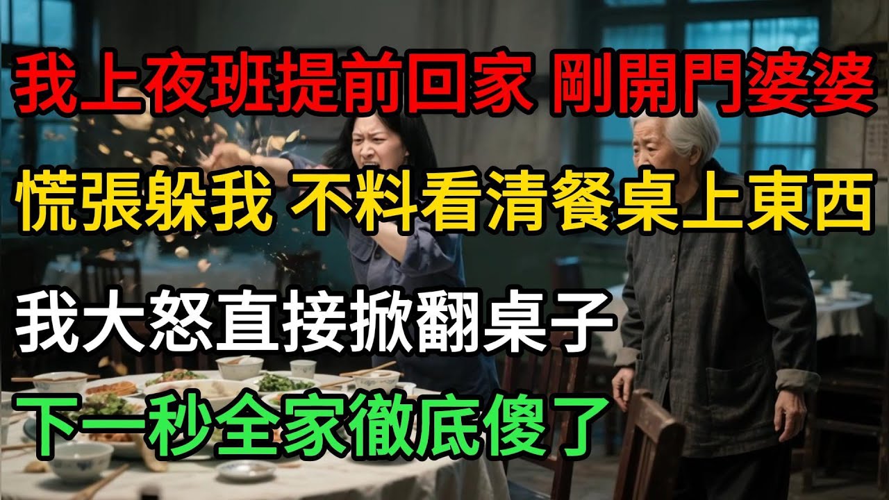 我上夜班提前回家，剛開門婆婆慌張躲我，不料看清餐桌上東西，我大怒直接掀翻桌子，下一秒全家徹底傻了