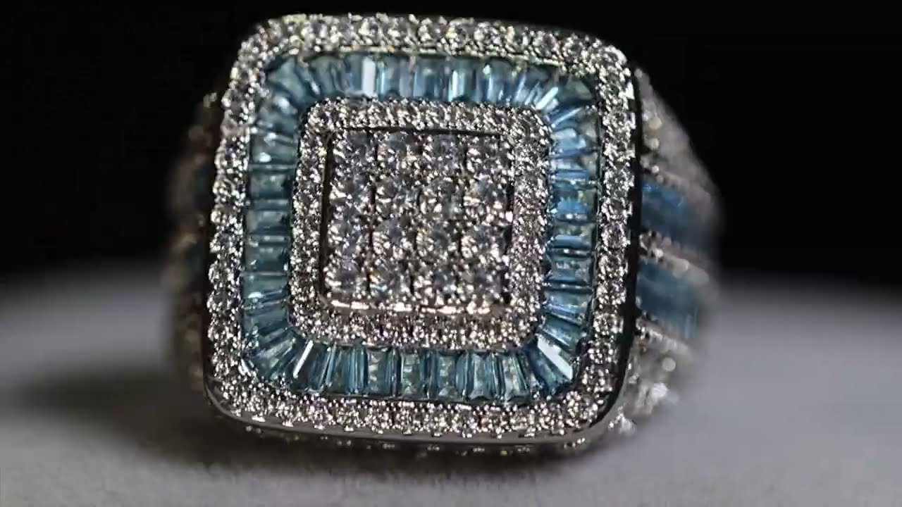 Mens blue diamond ring, Mens iced out ring, Men's blue diamond hip hop ring, Blue Diamond Cross Ring