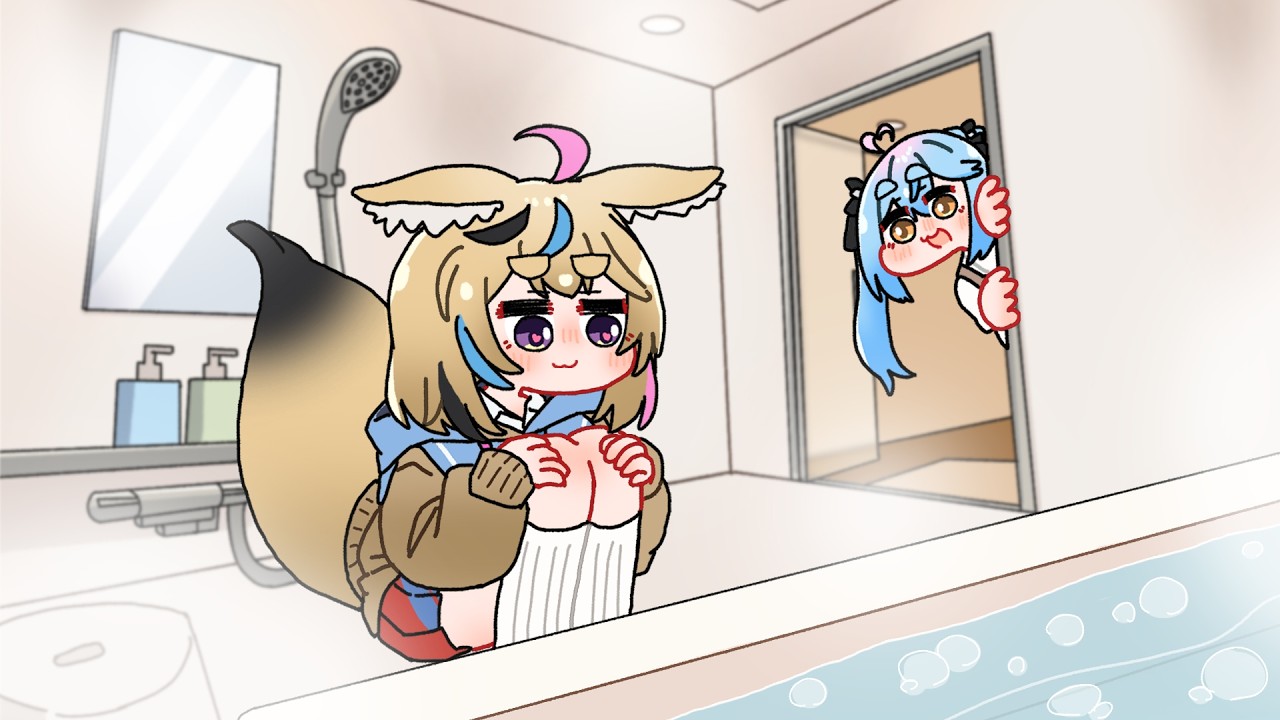 【手描き】熱いお風呂が溜まるのを見ていたポルカ【ねぽらぼ/尾丸ポルカ/雪花ラミィ/獅白ぼたん/桃鈴ねね/hololive/切り抜き】