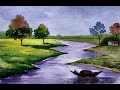 Watercolor painting | Easy Drawing in River Village Landscape Scenery painting |