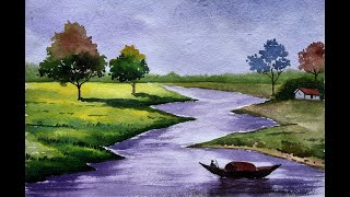 Watercolor painting | Easy Drawing in River Village Landscape Scenery painting |