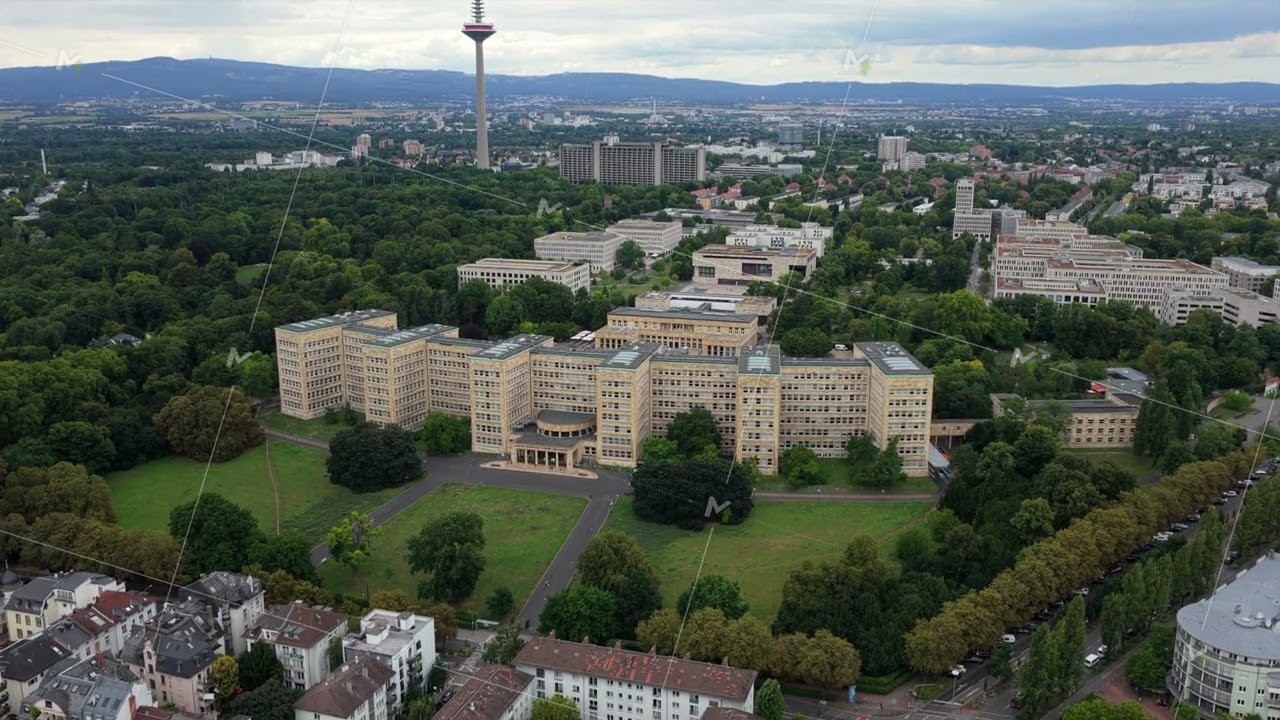 Impressive aerial shot showcasing iconic architecture of Goethe University Westend Campus with the