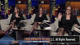 Kat Timpf is back wearing a short black dress with black pantyhose. 6/16/25 TV talk show Gutfeld!