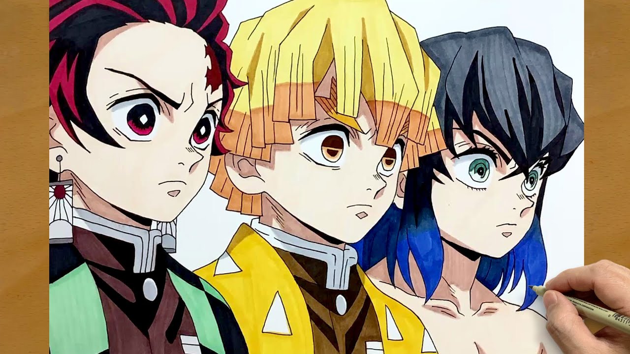 How to Draw Tanjiro, Zenitsu, and Inosuke from Demon Slayer | Step-by-Step Art Process