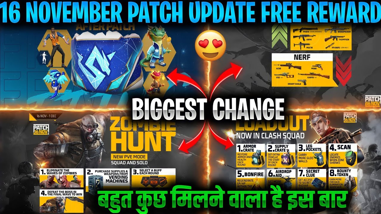 16 NOV FREE REWARDS AFTER PATCH UPDATE | Free Fire New Event| FF NEW EVENT| Garena free fire