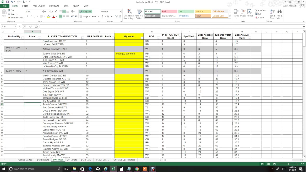 2017 Fantasy Football Rankings Cheat Sheet Excel ...