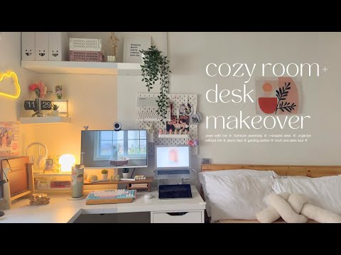 cozy room and desk makeover 2023 🪴 l-shaped desk setup, gaming station, decor haul