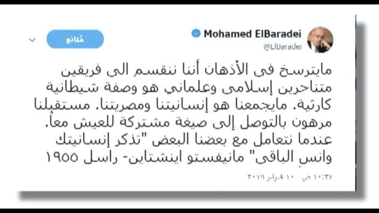 المسائية.. البرادعي: تقسيم المصريين إلى إسلامي وعلماني وصفة شيطانية كارثية
