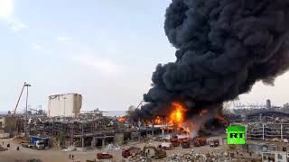 اندلاع حريق ضخم في موقع انفجار مرفأ بيروت