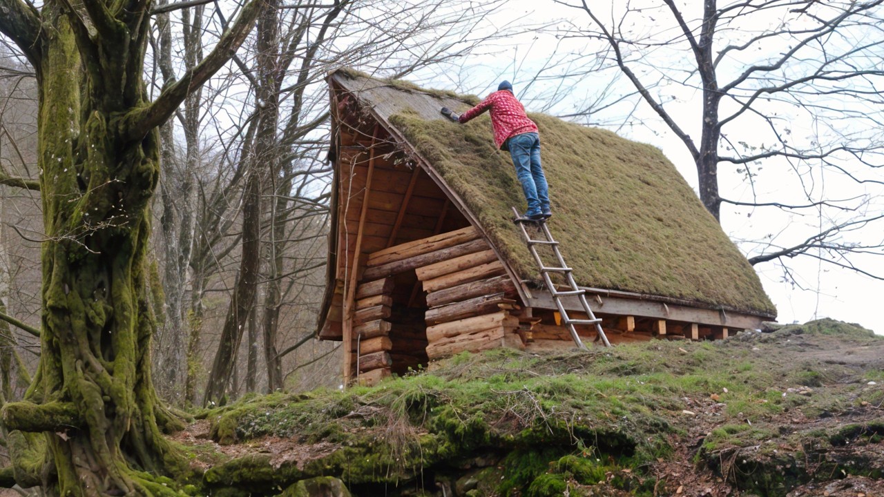 Built a House of LOGS near the Stormy River. Start to Finish