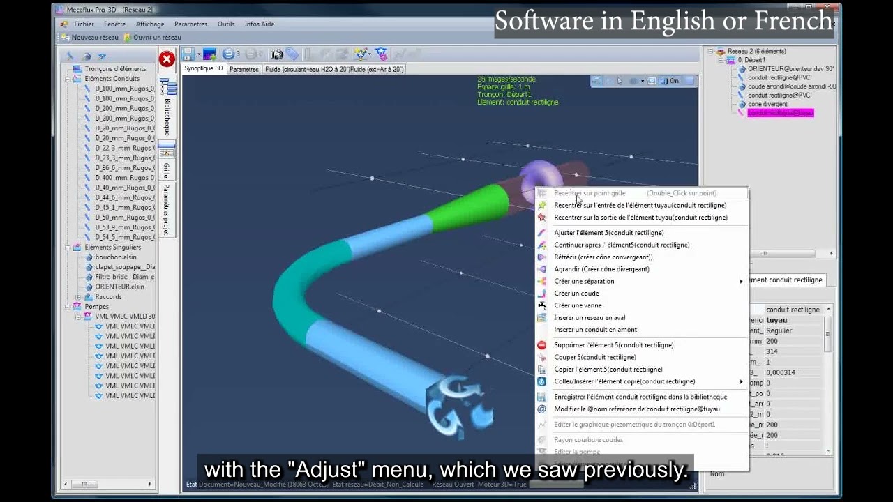 mecaflux pro3D 1 software tutorial: modeling fluid networks calculation pressure pressure losses