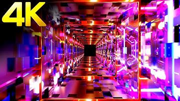 4k TV Abstract Neon Square light Tunnel Metallic Color Fast Moving Relaxing background Video Loop