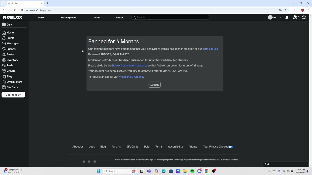 Got Banned On ROBLOX For 6 Months For Charges What Do I 
