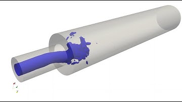 Precessing vortex core through a sudden expansion visualized by iso-surfaces of pressure