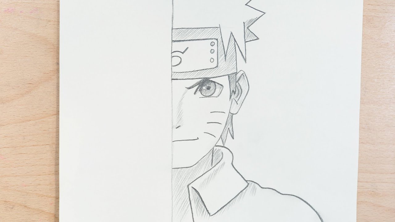 Easy anime sketch, how to draw naruto half face step-by-step 