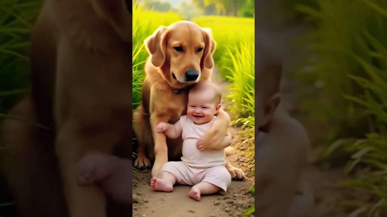 Dog Comforting Baby on a Rural Pathway 