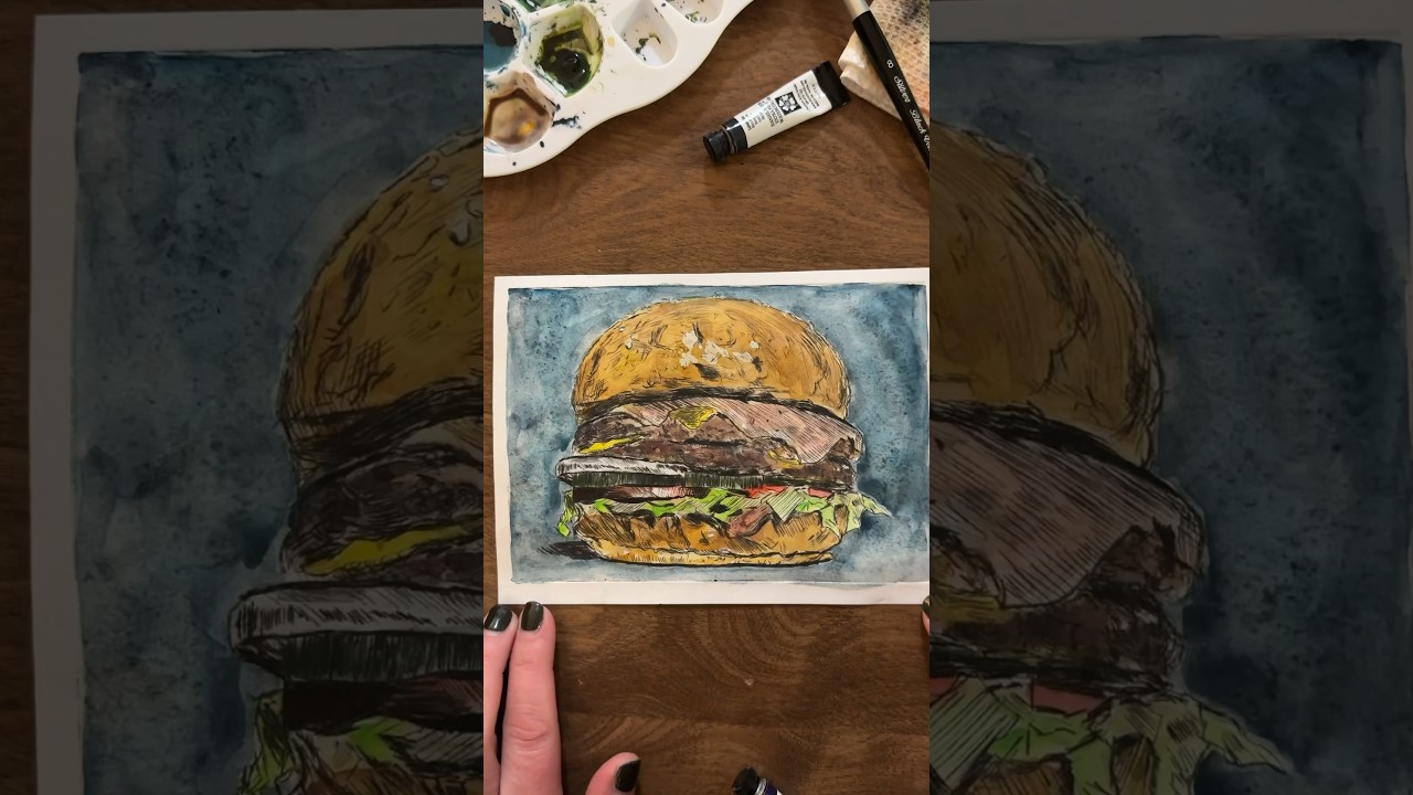 Adding some watercolor to my cheeseburger drypoint etching print 