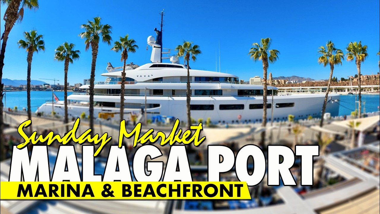 Málaga marina & beachfront walk | Sunday market February 2026 | Spain virtual tour