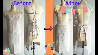 【sewing full】胸当てエプロンを切らずに5分で腰下にする方法 / How to put your chest apron under your waist