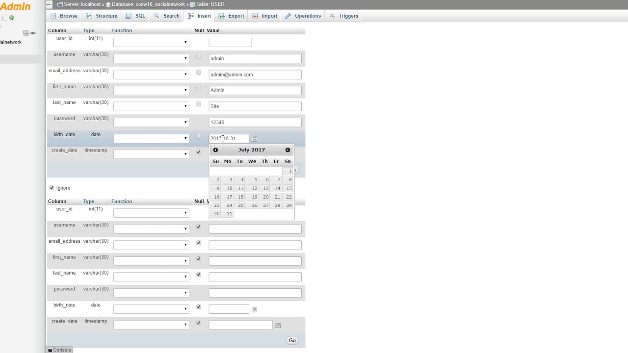 Using PHPMyAdmin to Set up a Physical Database