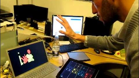 Hacked Kinect sending OSC via Processing using iPad to define planes of interest.