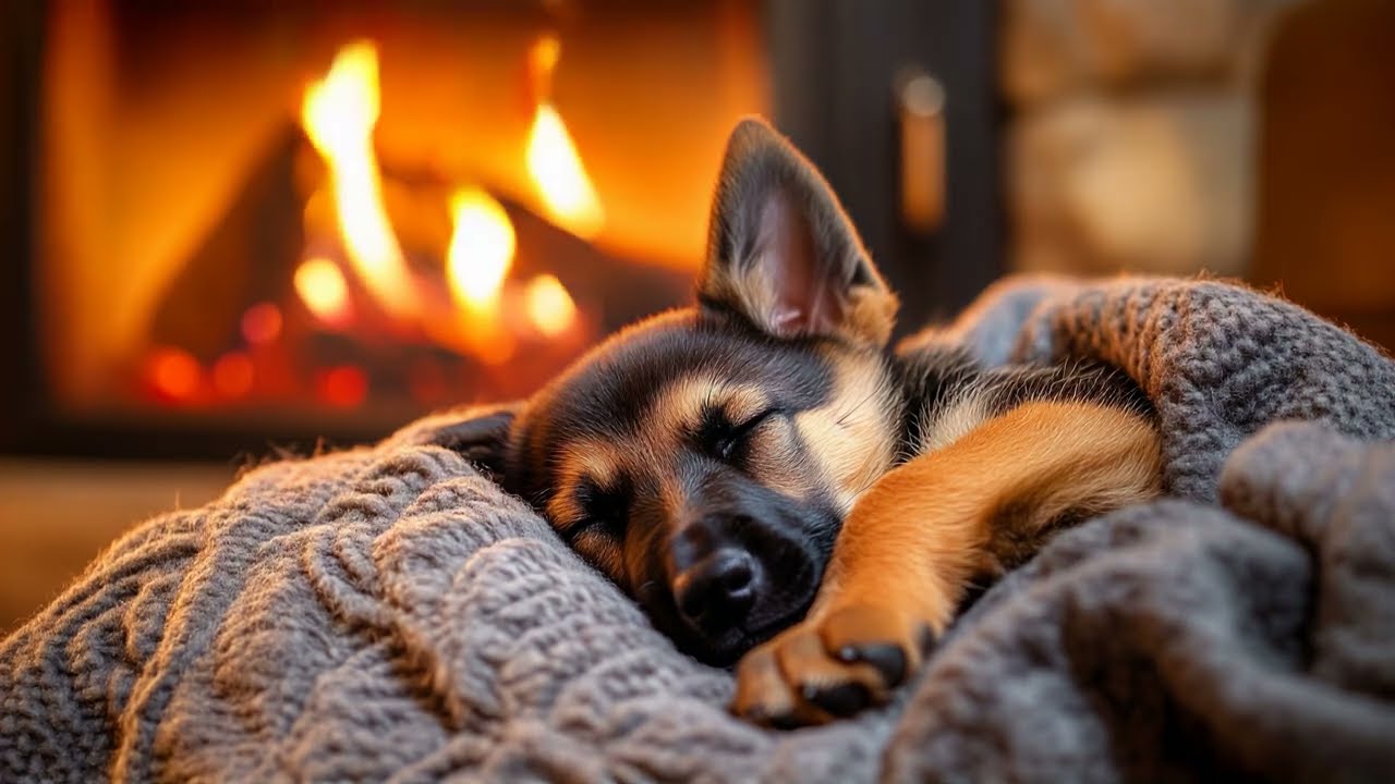 Relaxing Fireplace & Soft Piano | Sleeping German Shepherd Puppy | Cozy Ambience for Calming & Sleep