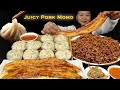 Eating big juicy pork momo braised pork belly  spicy blackbean noodles nepali eating show