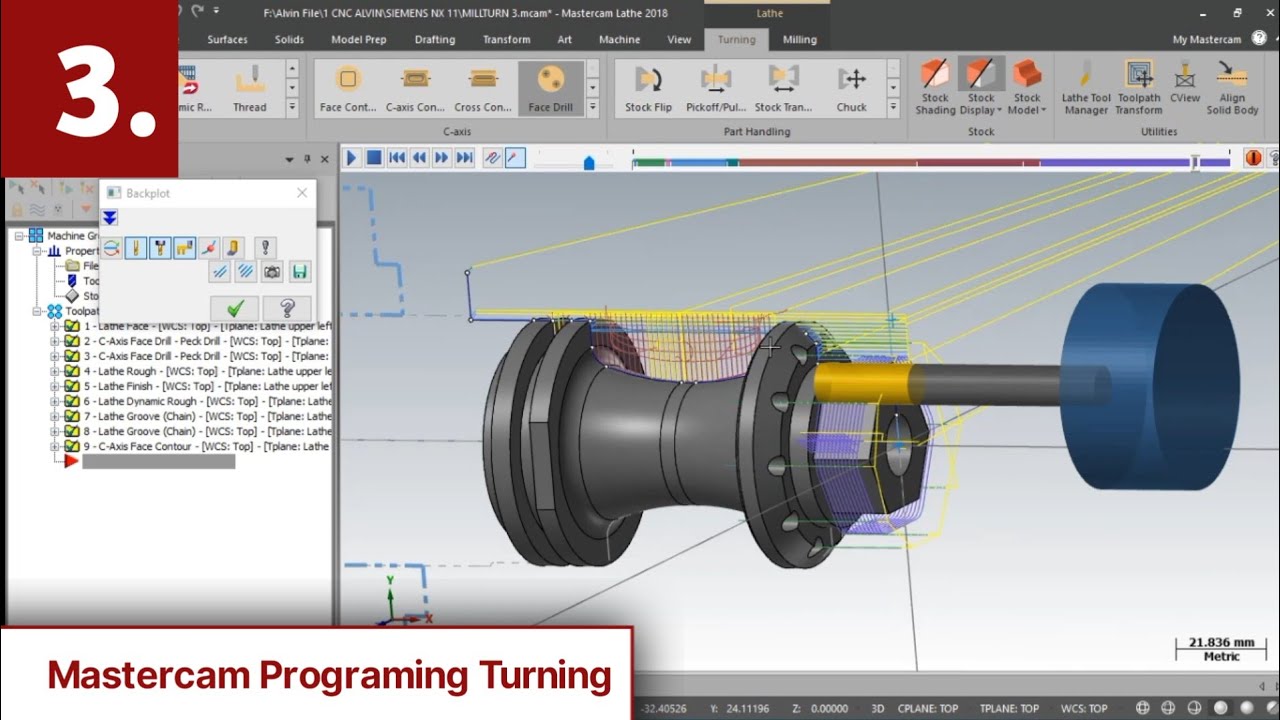 Mastercam Turning Programing, Dynamic Rough, Rough and finish, C Axis machining - Mastercam 2018