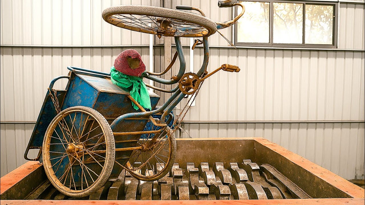 Giant Shredder Destroys Old Cargo Tricycle! Extreme Metal Shredding machine 