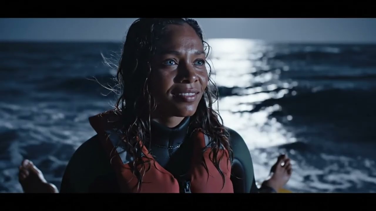 A Giant Manta Ray Glides Beneath Her as She Drifts on Storm-Tossed Waves in Fractured Moonlight