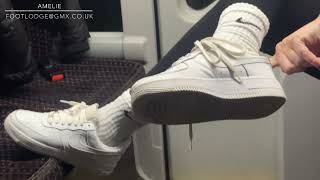 Nike Air force 1 sneakers and Nike white crew socks  on the bus Details