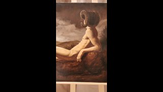 Aries sitting in a sunset landscape - Oil on canvas