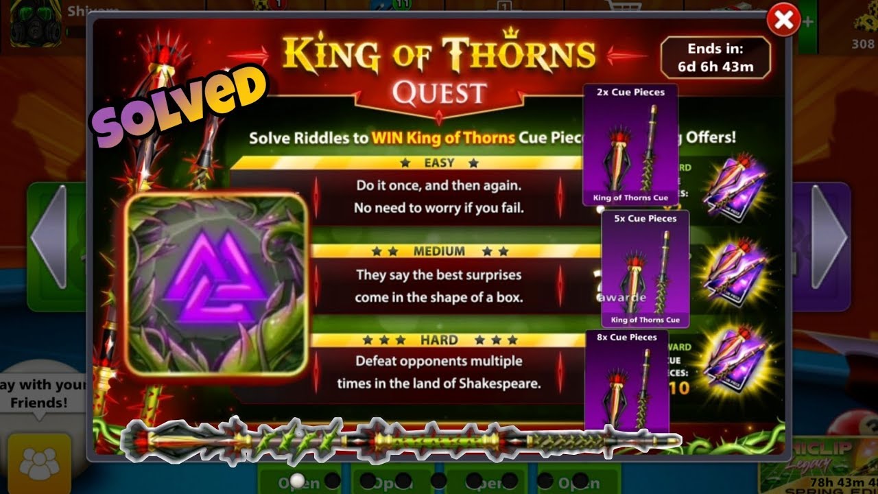 KING OF THORNS QUEST SOLVED || 8 BALL POOL !!! ðŸŽ±âœ”ï¸ - 