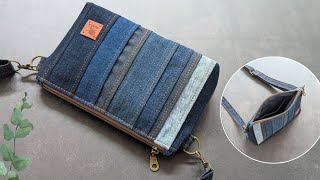 DIY Small Patchwork Denim Strips Crossbody Bag Out of Old Jeans' Leftover Fabric | Upcycled Craft