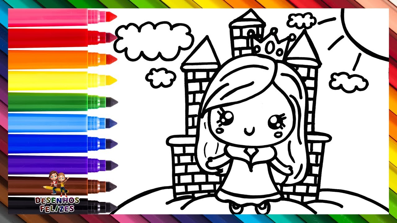 Desenhar e Colorir uma Princesa com um Castelo 👸👑🏰🌈 Desenhos para Crianças