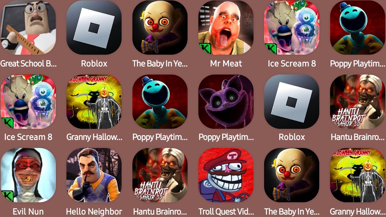 Great School Breakout,Roblox,The Baby In Yellow,Mr Meat,Ice Scream 8,Poppy Playtime Chapter 4...