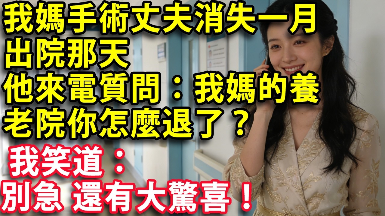 我媽手術 丈夫消失一個月 出院那天他來電質問：我媽的養老院 你怎麼退了？ 我笑道：別急 還有大驚喜！#人生感悟 #健康 #情感故事 #婚姻經營 #老年生活 #家庭 #故事