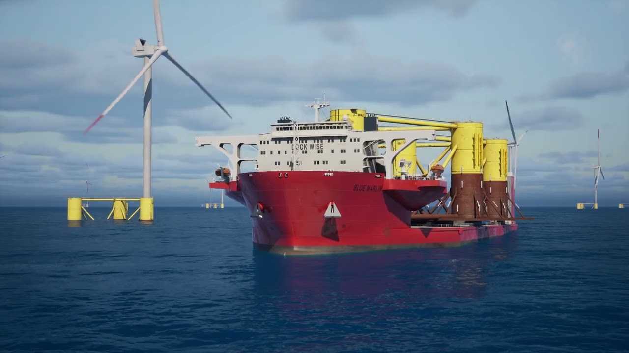 Offshore Wind Animation | Vessel Transporting Turbine Foundations Among Floating Wind Units