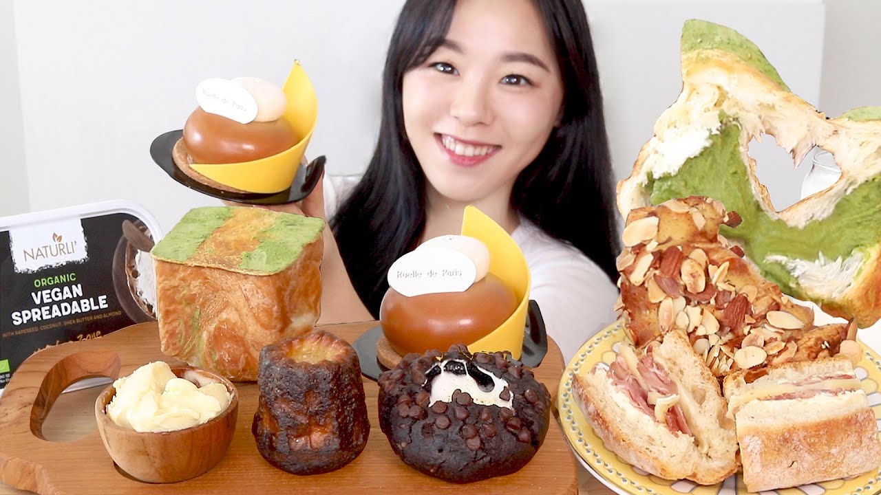 SUB) ASMR Хлебный торт с веганским маслом Мукбанг 🍰 Круассан Бутерброд Кремовый хлеб матча