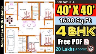 40x40 house plan // 40*40 ghar ka naksha //1600 sqft house design // 4BHK // Plan No:34