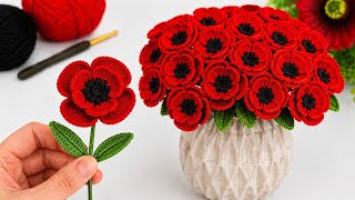 The highly popular Crochet Poppy Flower Pattern 🌺 Step-by-Step Instructions.Crochet flower, handmade