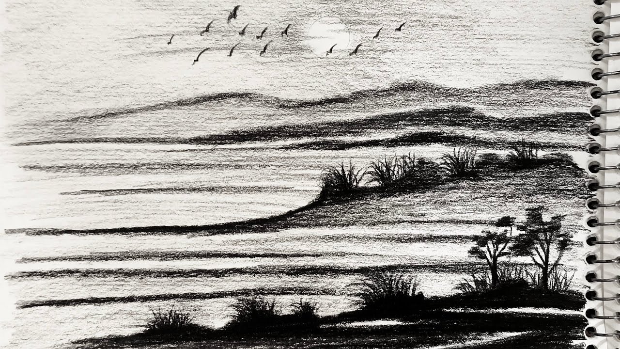 “Easy Forest River Pencil Sketch – Relaxing Black & White Art”