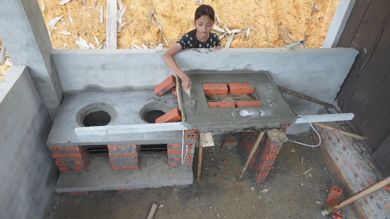 Completely building a wood stove with bricks and cement - Poor girl builds a new life.