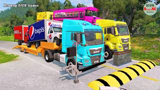 Double Flatbed Trailer Truck vs speed bumps|Busses vs speed bumps|Beamng Drive|1383