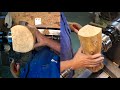 Woodturning a winged table top lamp. Tournage sur bois d'une lampe de table.