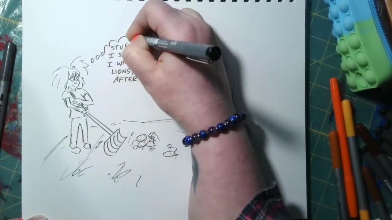 Brainstorming sketch: Ursula cleans the lions' cage
