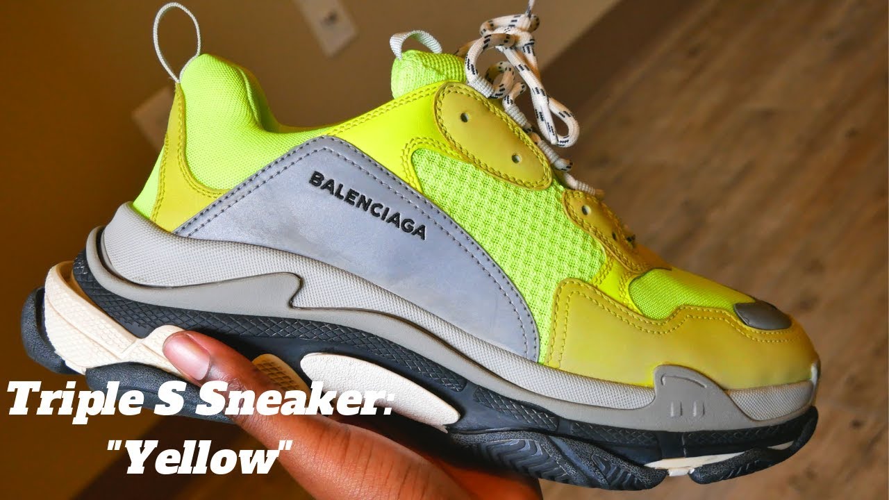 BALENCIAGA TRIPLE S NEON YELLOW REVIEW AND ON FOOT - YouTube