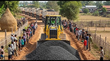 New Area Gravel! Amazing Skill Dozer Leveling Crushed Rock for Rural Road Base on Red Dirt Village
