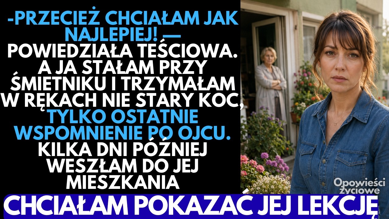 Stałam przy śmietniku i trzymałam w rękach koc, który pachniał moim zmarłym ojcem – a moja teściowa właśnie wrzuciła go tam razem ze starą psią miską i obrożą. Kilka dni później stałam przed jej...