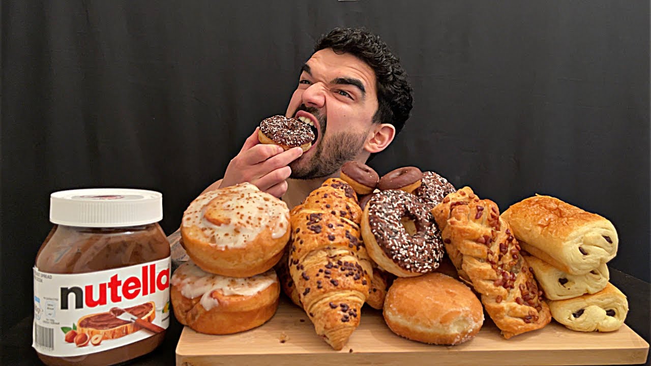 ASMR MUKBANG CHOCOLATE NUTELLA PARTY CROISSANTS DONUTS CINNAMON ROLLS PAIN AU CHOCOLAT EATING SOUNDS